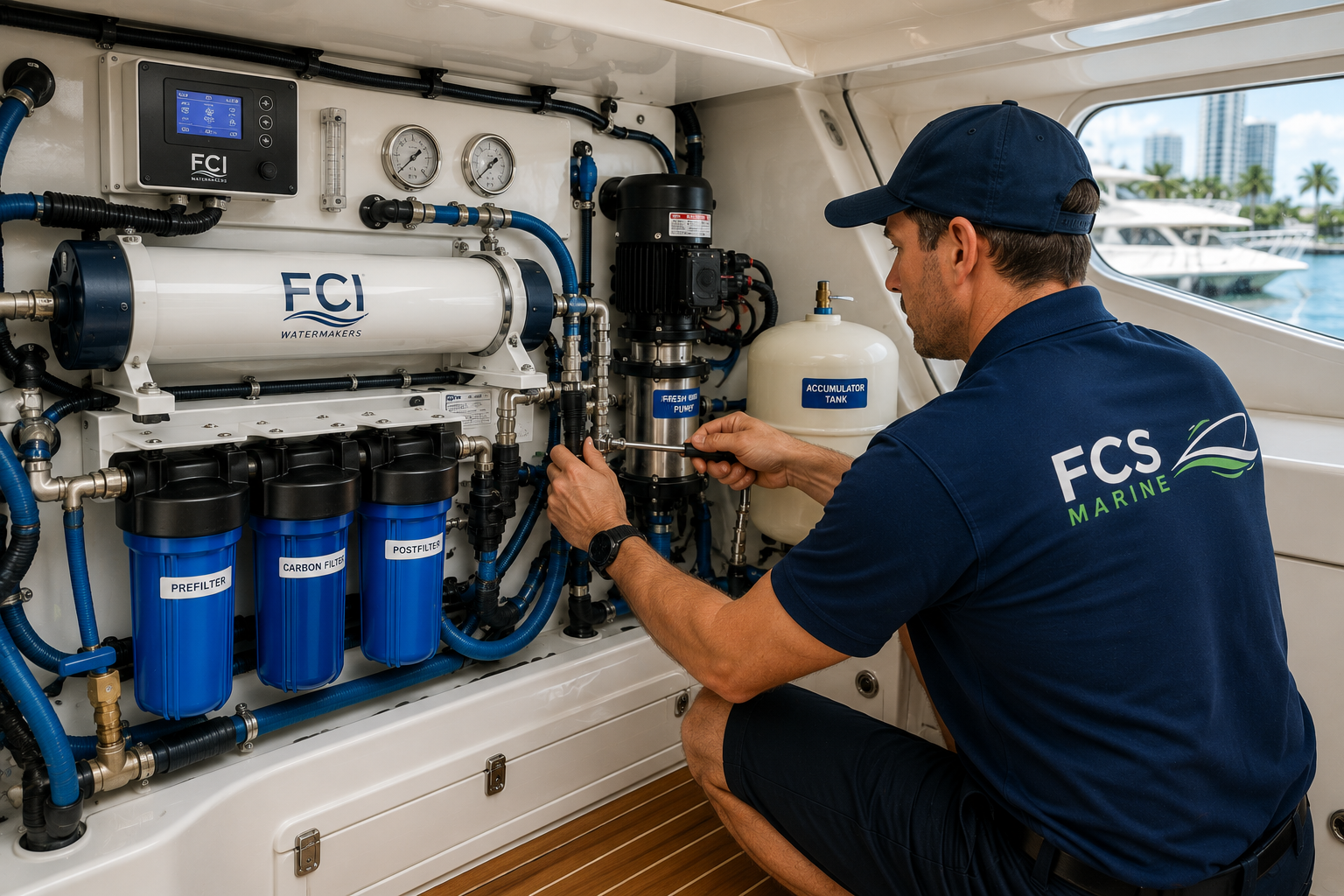 Marine technician at work on watermaker system