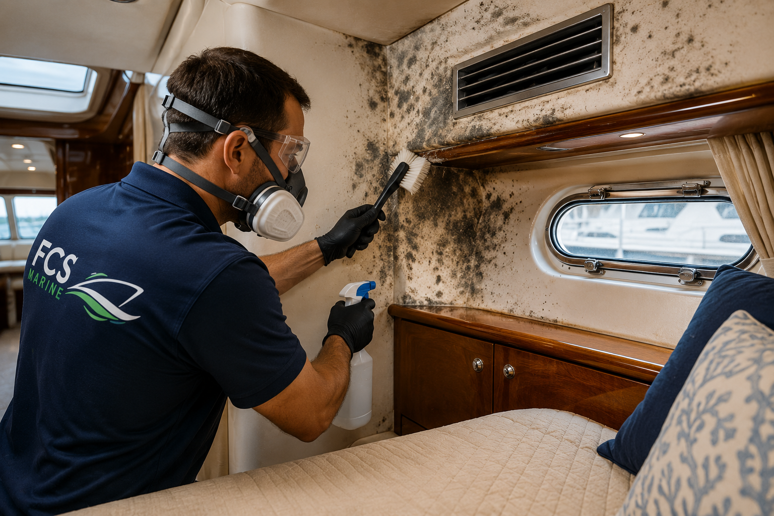 Worker cleaning mold in yacht cabin